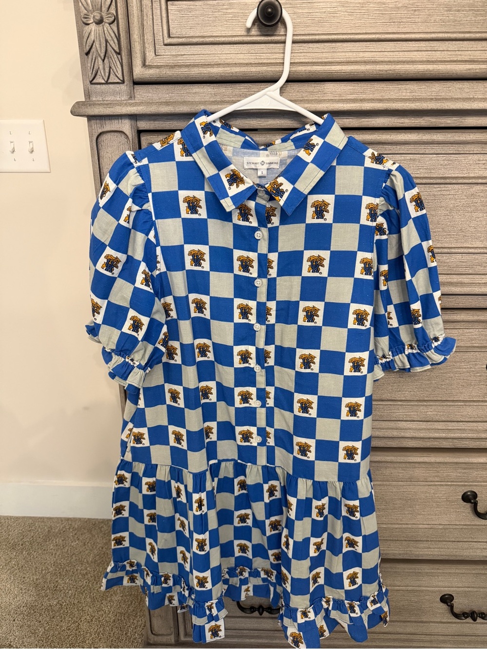 Blue Checkered Button-Front Women’s Dress with Puff Sleeves